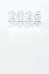Front facing 3D white 2026 digits standing on reflective white floor with soft gradient backdrop. clear and bold symbol for the next year, ideal for annual reports, calendars, and new beginnings