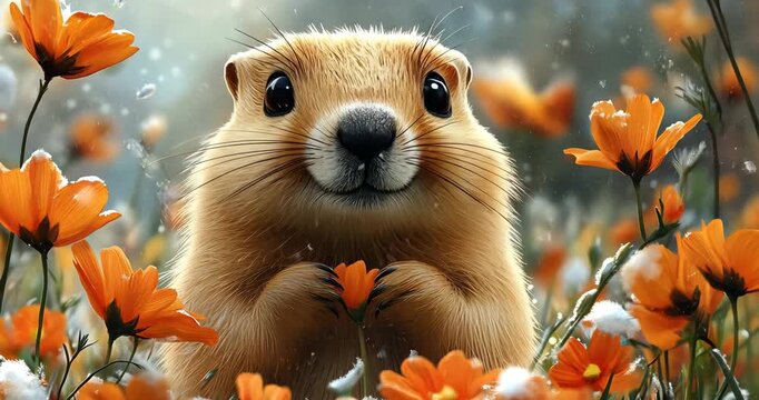 A cute groundhog surrounded by orange flowers in a meadow, creating a heartwarming and cheerful scene in nature.