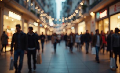 Fototapeta premium Blurred shoppers stroll a lively outdoor street, surrounded by glowing storefronts and overhead lights, capturing a vibrant urban scene.