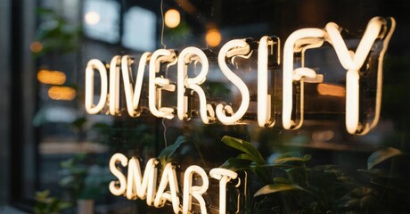 Bright neon sign displays words diversify, smart. Foliage visible behind glass. Warm lighting creates inviting atmosphere.