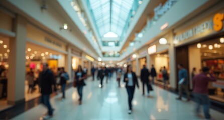 A bustling, blurred view inside a large shopping mall. Numerous people walk past diverse store entrances beneath a bright skylight roof.