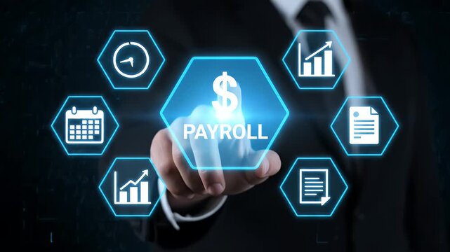 Businessman pressing a virtual payroll button on a digital screen