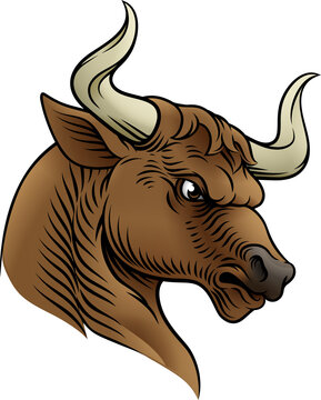 A heraldry coat of arms crest style heraldic bull in a vintage woodcut style