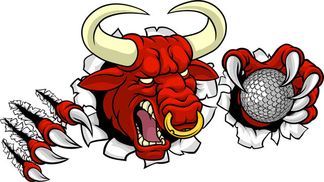 A bull or Minotaur monster longhorn cow angry mean golf mascot cartoon character. 