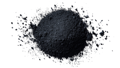 Dark granular powder, finely textured, scattered on a black backdrop