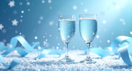 Two elegant glasses filled with sparkling liquid stand on a snowy surface with blue ribbons, amidst a flurry of winter snowflakes.
