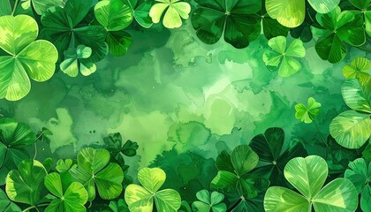 A vibrant, green watercolor background framed by lucky clovers