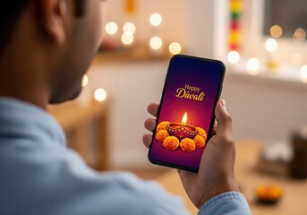 Man Holding Smartphone With Happy Diwali Greeting On Screen During Festival Of Lights Celebration