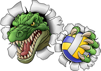 An alligator, crocodile or dinosaur volleyball animal sports mascot holding a volley ball in his claw © Christos Georghiou