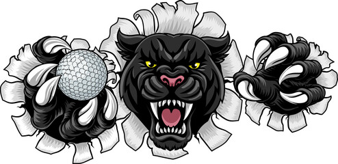 Black panther leopard or jaguar cat golf sports team mascot holding a ball
