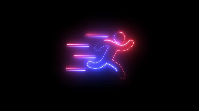 Neon glowing runner icon with speed motion lines, futuristic fast pace concept, dynamic energy, movement, athletic performance illustration