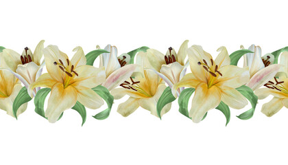 White lilies seamless border. Hand drawn watercolor illustration of pastel flowers, isolated. For wedding invitations, cards and envelopes for birthdays, Valentines Day, Epiphany, Easter and funerals.