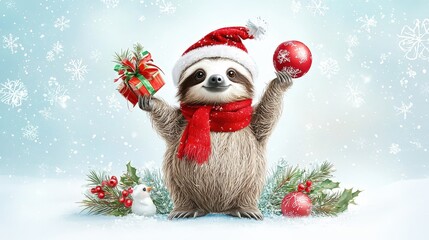 Naklejka premium Cute Sloth Wearing Santa Hat Celebrating Christmas in Winter Wonderland Scene