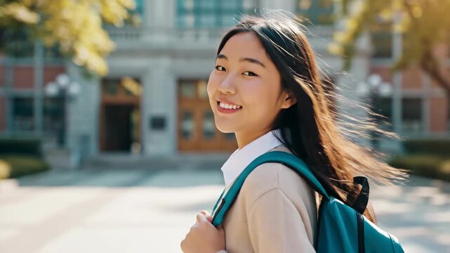 Young asian woman student with backpack looking forward and then smiling in front of university building. Happy campus life concept.