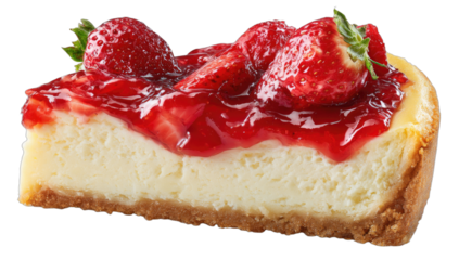 A decadent slice of creamy cheesecake topped with fresh strawberries and glaze