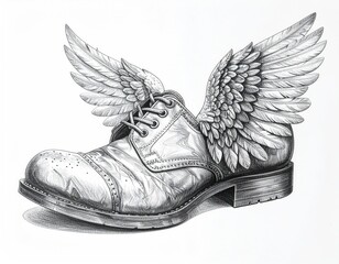 A detailed pen and ink drawing of a dress shoe with feathered wings
