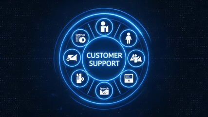 Futuristic customer support interface with glowing blue icons - Powered by Adobe