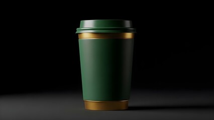 Luxurious dark green coffee cup mockup with elegant gold accents displayed against a deep black background