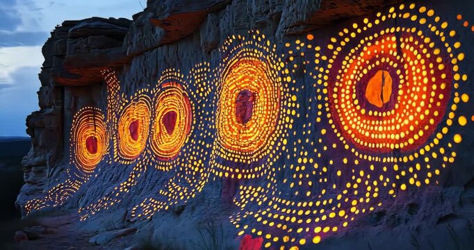 Aboriginal art is projected onto a rock formation at dusk, creating a stunning display of light and culture.