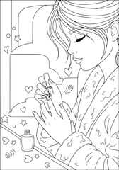 a girl in a housecoat paints her nails. coloring book