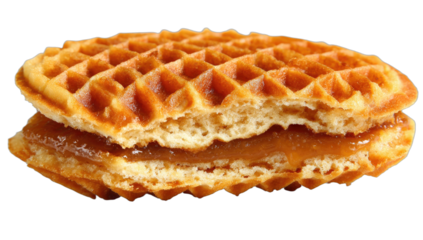 A golden brown sandwich cookie with a caramel filling