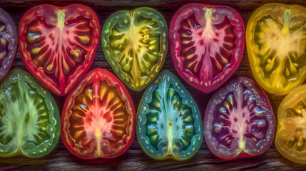 Fototapeta premium Rainbow colorful tomato halves in a row, creative healthy food and vegetarian nutrition concept