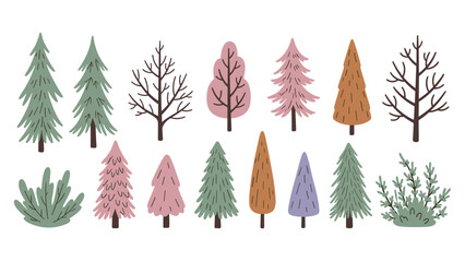 Fototapeta premium A simple and stylish collection of various coniferous and deciduous trees for creating stylized forest landscapes. This versatile nature set is perfect for seasonal or minimalist designs.