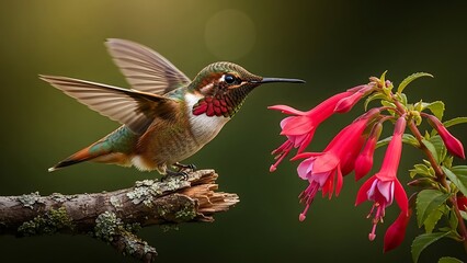 Naklejka premium A vibrant male hummingbird with iridescent plumage hovers beside a branch with hanging fuchsia flowers, capturing the essence of nature's delicate beauty.