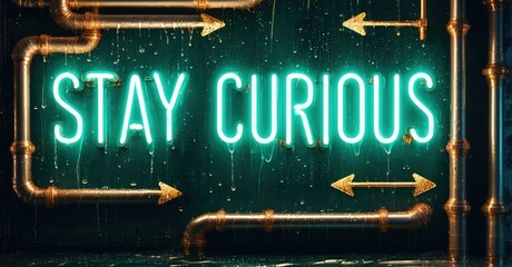 Fototapeta premium Neon sign displays Stay Curious. Pipes frame text, arrows point both ways. Dark background enhances glowing effect. Wet surface visible.