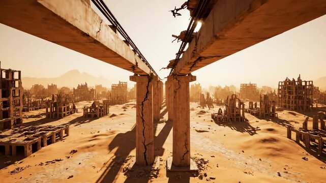 Ruined overpass in post-apocalyptic wasteland. Cracked concrete bridge with hanging wires amid sandy ruins and collapsed buildings. Desert survival scene after global catastrophe.