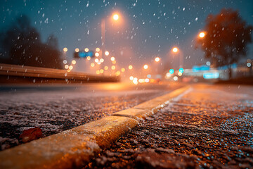 Close-up of a wet city road surface at night with falling snow and blurred yellow curb line with distant bokeh lights creating a moody and atmospheric urban winter scene with a shallow depth of