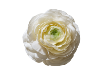Top view of a white ranunculus flower with delicate layered petals and a green center isolated on a transparent background