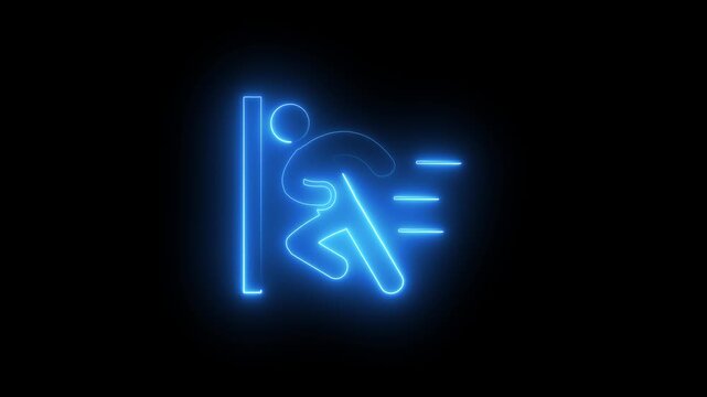 Emergency exit running man neon icon on dark background, evacuation safety symbol, fast escape direction sign with glowing outline.
