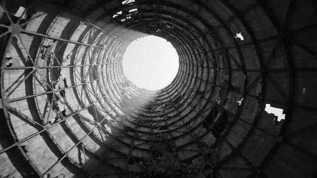 Ruined cylindrical metal tower in post-apocalyptic world. Abandoned industrial framework viewed from below. Black and white dystopian structure showing decay and collapse sequence.