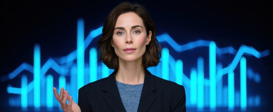 the entrepreneur showcasing fiscal info on a digital graph screen - Powered by Adobe