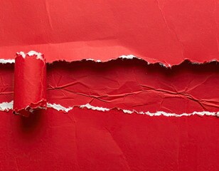 Close-up of ripped red paper with torn edges, showing rolled section