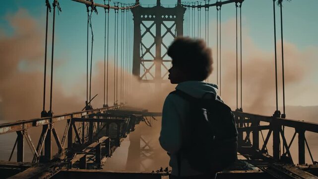 Young African American survivor crossing foggy Golden Gate Bridge in post-apocalyptic world. Abandoned urban ruins with smoke and dystopian atmosphere.