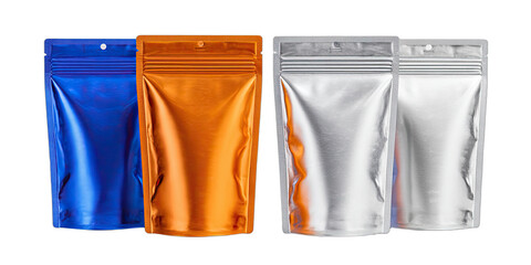 Four resealable foil pouches in blue, orange, and silver