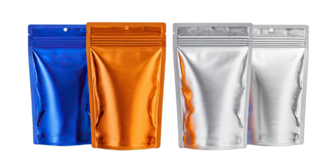 Four resealable foil pouches in blue, orange, and silver