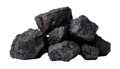 A pile of rough, dark, irregularly shaped lumps of coal