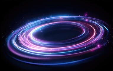 Vibrant swirling light trails in circular patterns, with pink and blue hues against a black backdrop