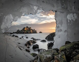 Coastal landscape framed by a crumbling concrete structure at sunset