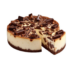 Rich, creamy cheesecake topped with dark chocolate chunks and shavings