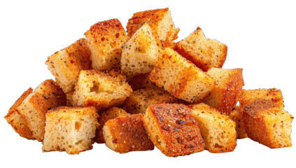 A pile of golden-brown, seasoned, oven-baked bread cubes, crunchy and delicious