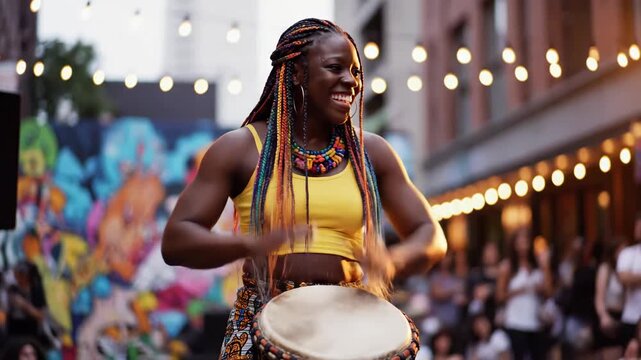 African American woman performing rhythmic drum solo on urban street. Joyful djembe play amid graffiti walls and string lights. Outdoor evening music celebration with crowd energy.