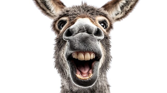 Funny donkey head portrait isolated on the white background 