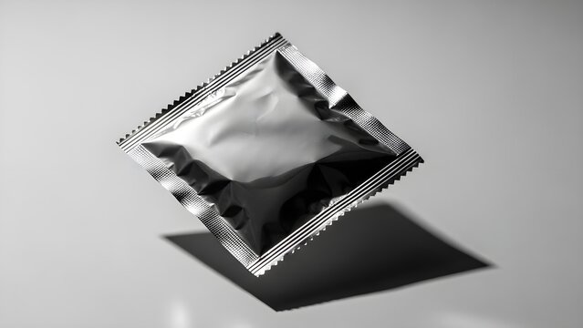 Single silver foil condom wrapper floating suspended in air casting a distinct shadow on white background