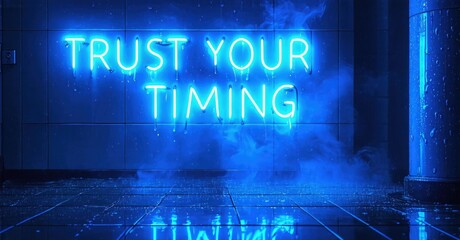 Fototapeta premium Bright neon sign displays positive message. Wet tiled wall creates moody atmosphere. Blue lighting dominates scene.
