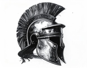 Detailed ink drawing of a classical helmet, side view, on white