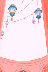 Ramadan Kareem background with hanging lanterns, Islamic arch, festive lights, pastel illustration